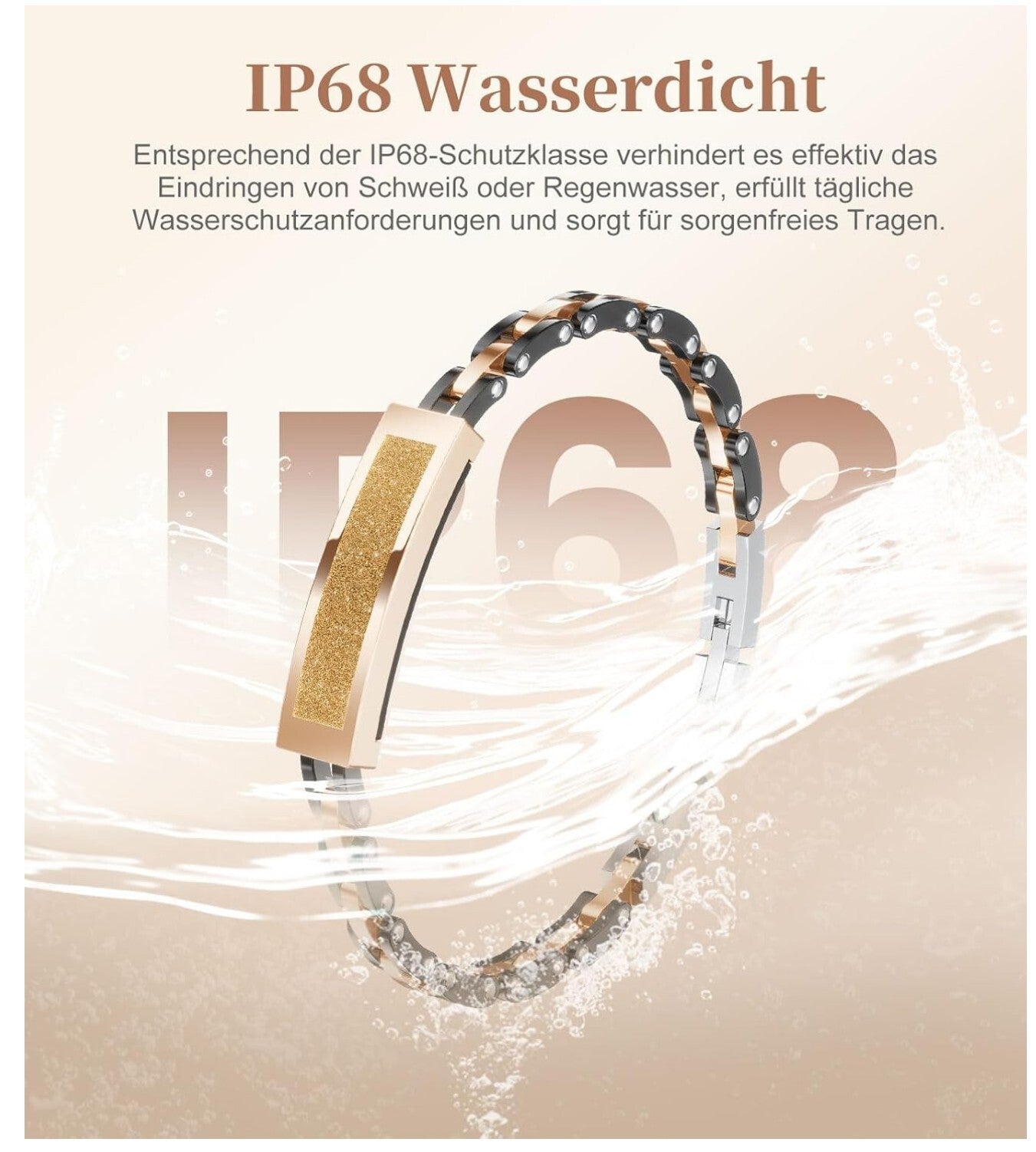 Smart Armband Damen Edelstahl 3ATM Wasserdicht Schwarz-Gold Fitness