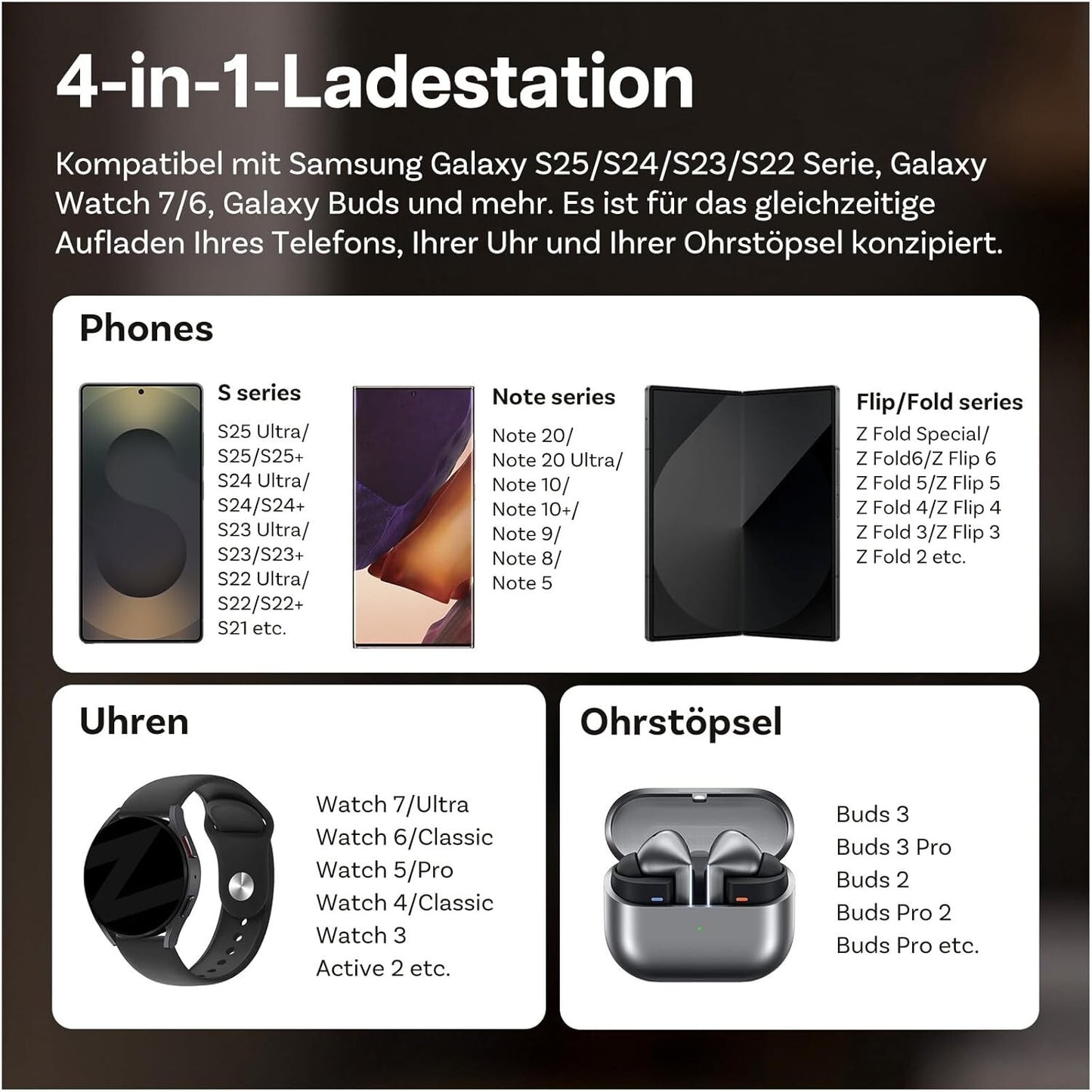 4-in-1 Qi2 Ladestation Samsung S25/S24/Watch 7/Buds 25W