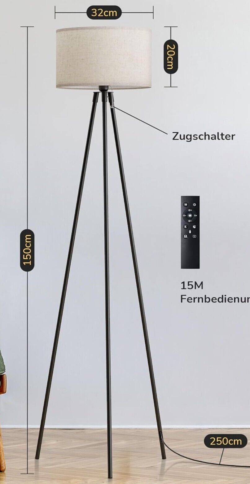 Stehlampe Wohnzimmer, Dreibeinstativ aus Metall, LED Dimmbar per Fernbedienung,