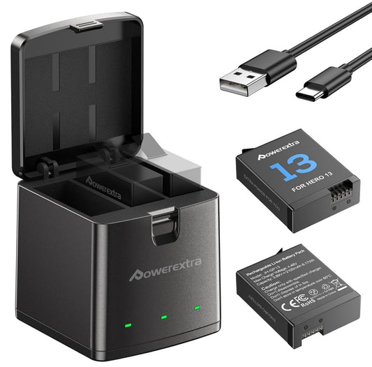 GoPro Hero 13 Black 2x 2100mAh Akkus + 3-Fach-USB-Schnellladegerät