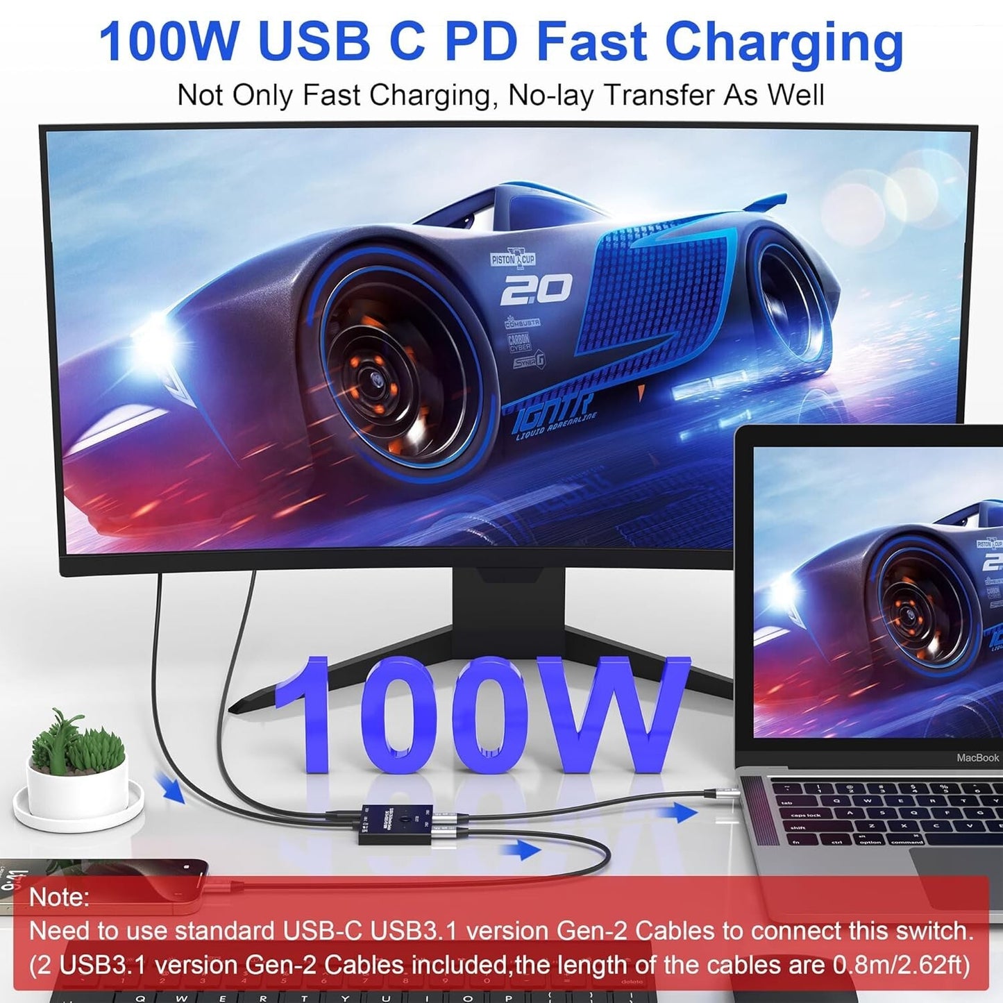 USB-C KVM Switch 8K@60Hz 10Gbps 100W PD 2-PC-1-Monitor
