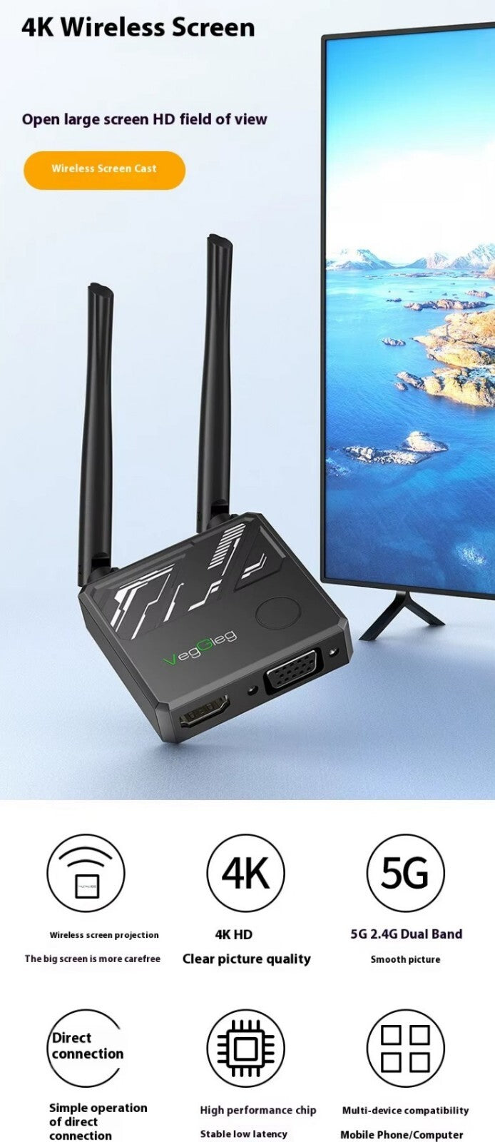 Wireless Screen Prover HDMI 4K 5G WiFi für Handy/Notebook/TV