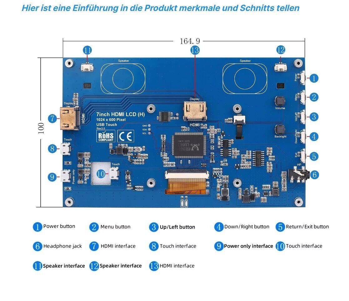 7 Zoll IPS HDMI RGB Touchscreen Modul 1024x600 für Raspberry Pi