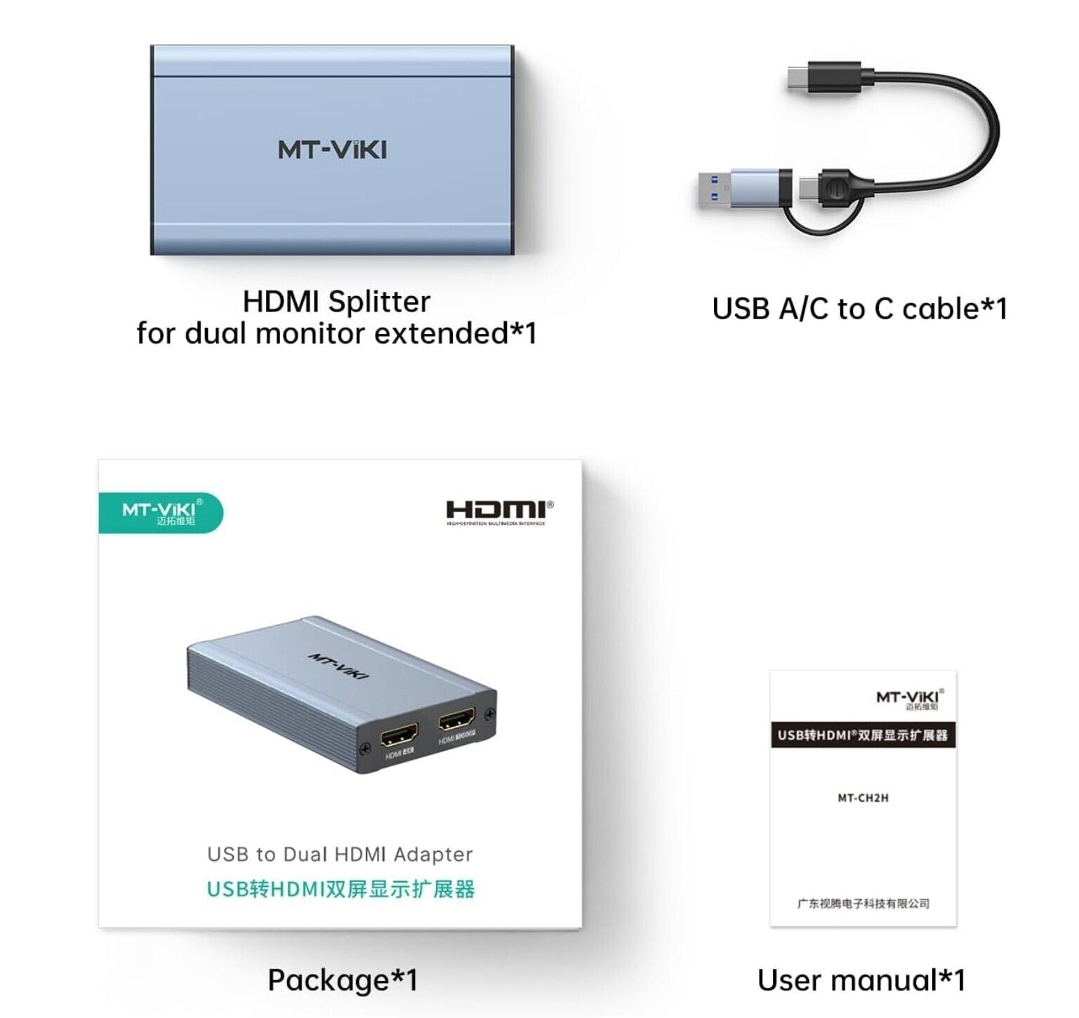 USB 3.0/USB C HDMI Splitter 4K@30Hz & 1080P@60Hz Dual