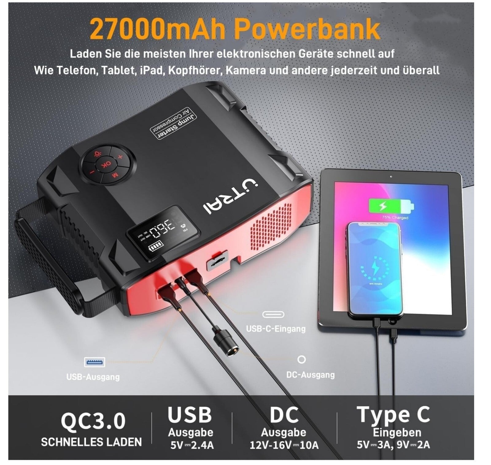 7000A Starthilfe Powerbank 27000mAh Kompressor 1600lm LED QC3.0