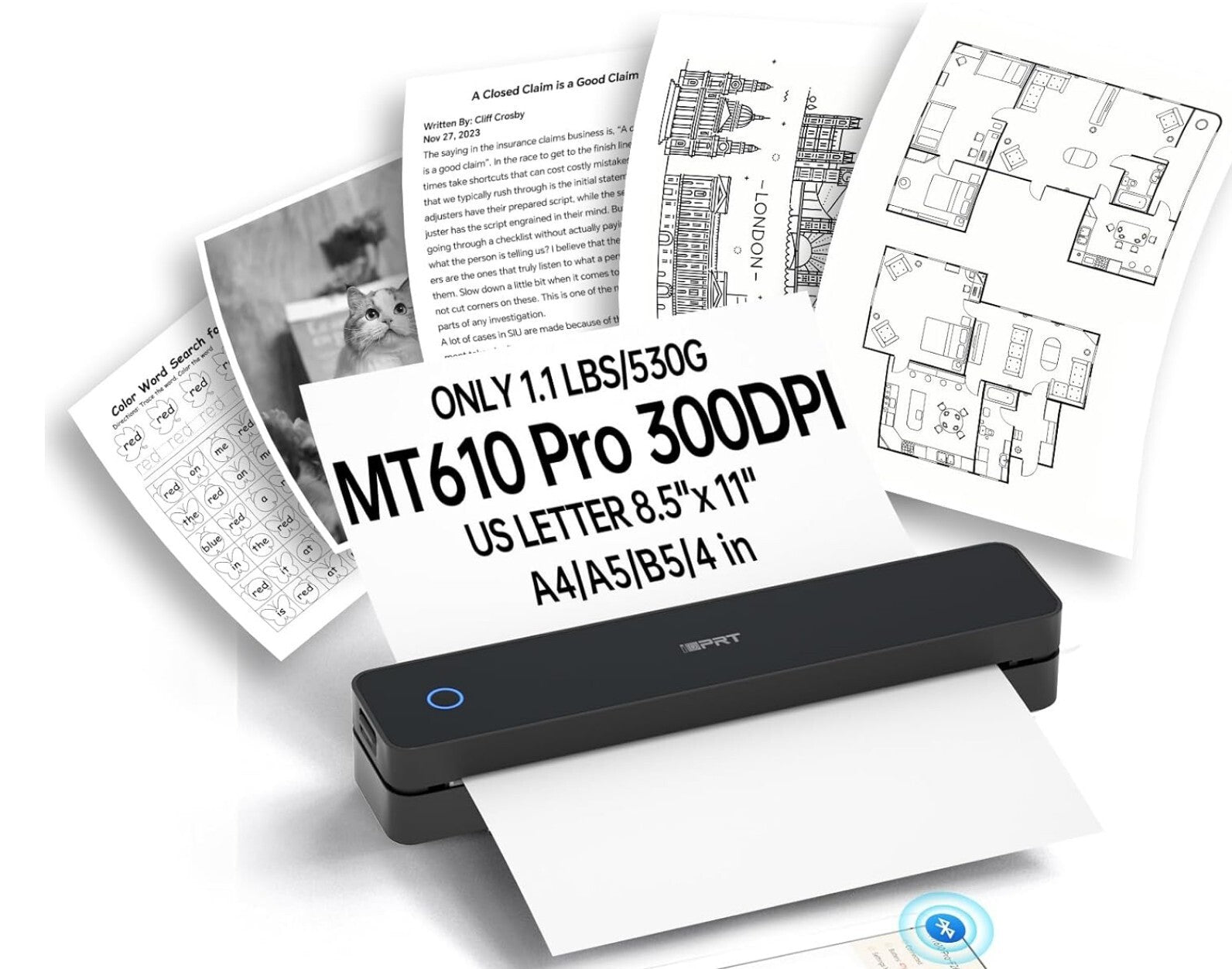 Tragbarer 300 DPI A4 Thermodrucker Bluetooth für iOS, Android, PC