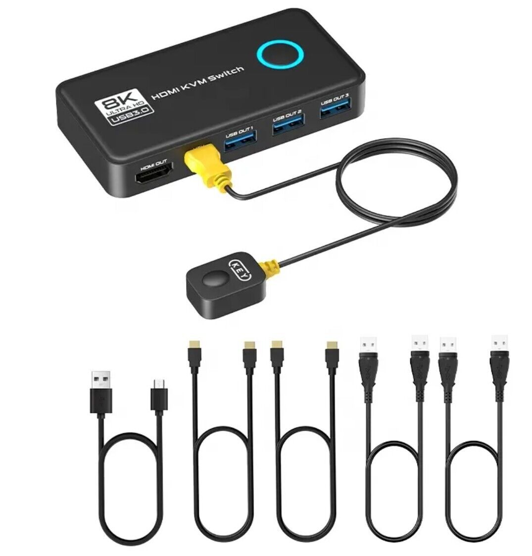 8K @ 60 Hz - 4K@120 Hz KVM Switch 2 Port HDMI USB 3.0 Schwarz + Verbindungskabel