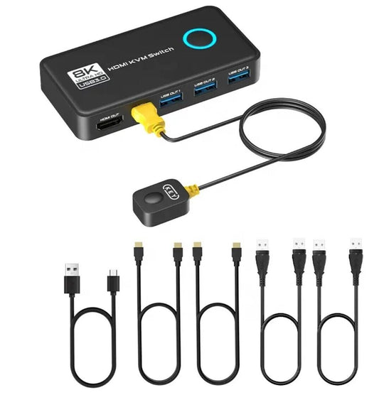 8K @ 60 Hz - 4K@120 Hz KVM Switch 2 Port HDMI USB 3.0 Schwarz + Verbindungskabel