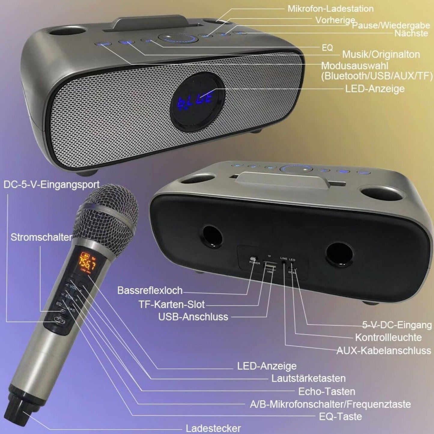 Karaoke Maschine 2 Mikrofone Bluetooth Tragbar