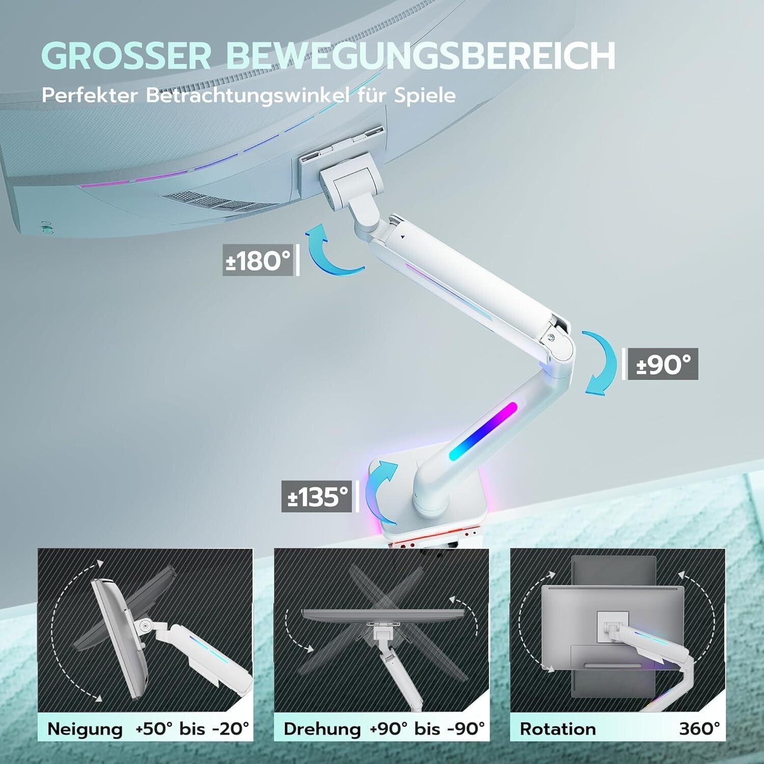 Ergonomische RGB Monitor Halterung Weiß 17-49 Zoll VESA 75/100 20kg