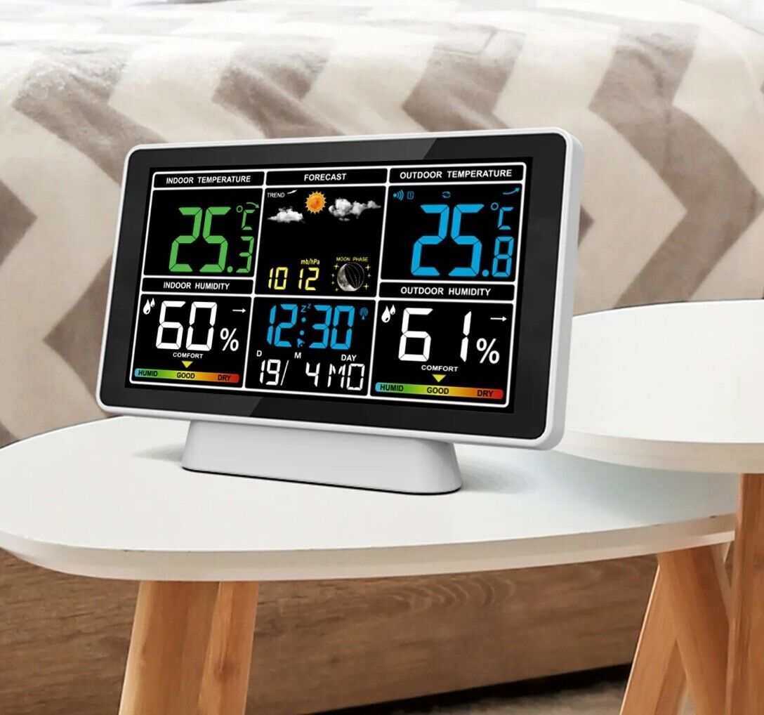 RCC Wetterstation Farb-LCD-Display Innen/Außen Thermometer-Hygrometer mit Wecker