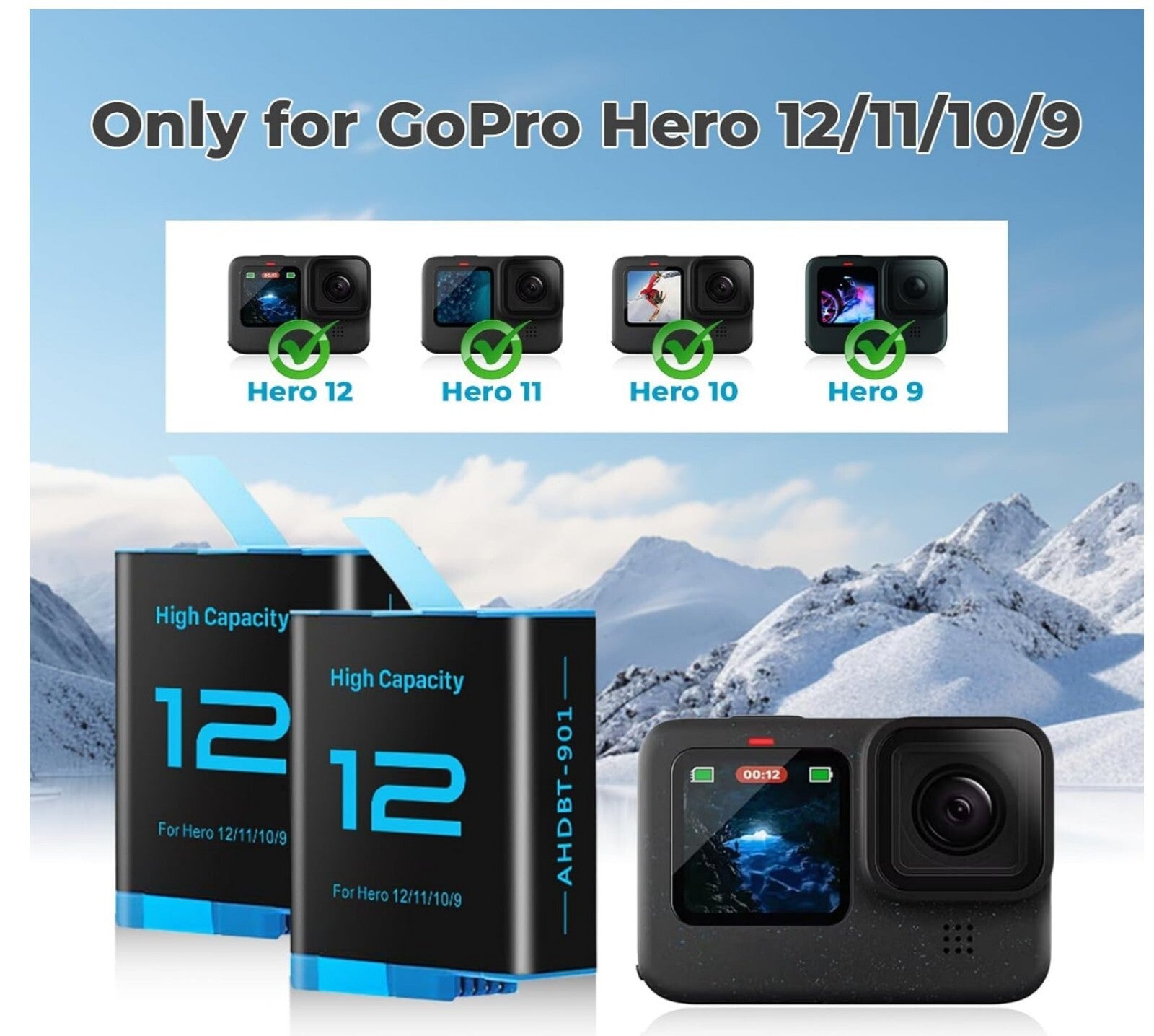 2x 2580mAh Hero 12 Akku + 3-Kanal LED Ladegerät für GoPro Hero 12/11/10/9