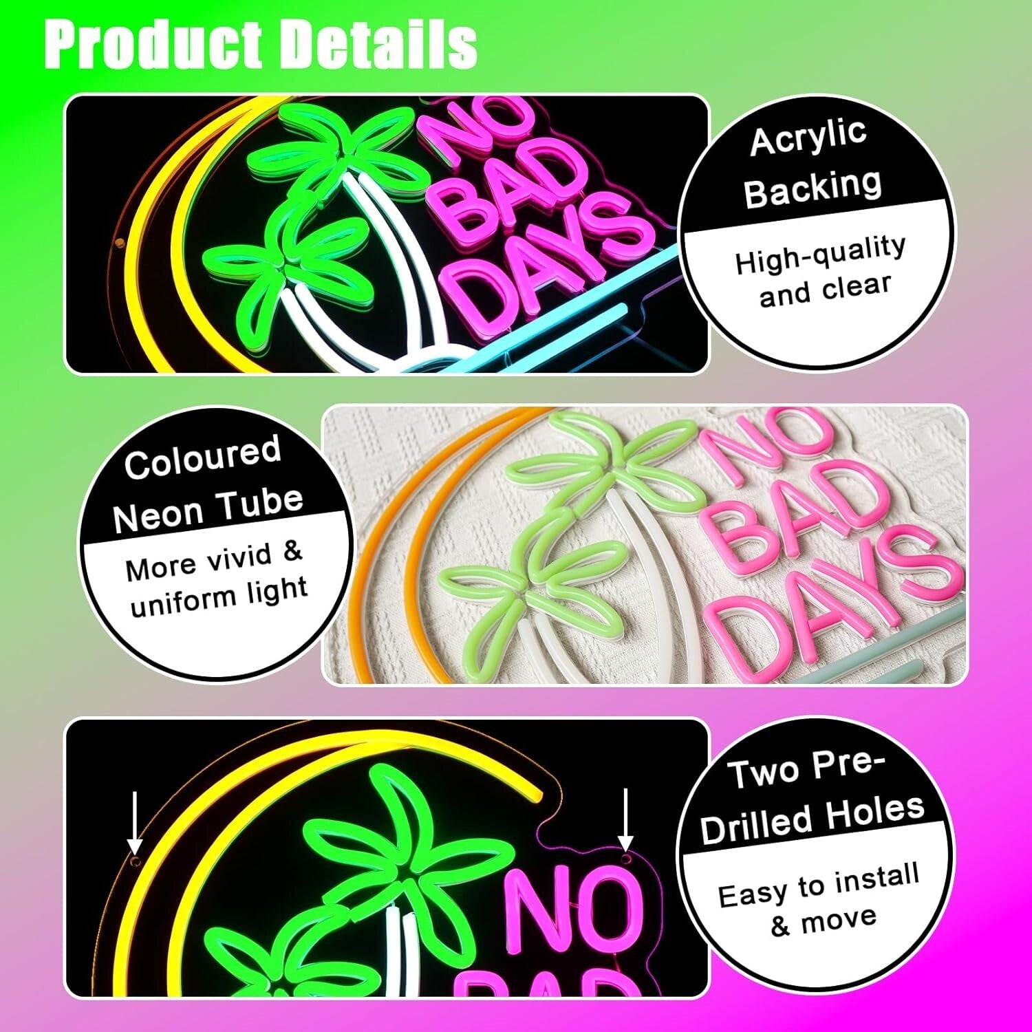 No Bad Days Neon Schild Tropic Palme LED Leuchtreklame 36x32cm USB