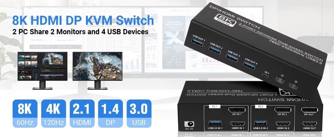 8K DP / HDMI KVM 2PC 2 Monitor 8K@60Hz 4K@120Hz 2K@144Hz + Kabel