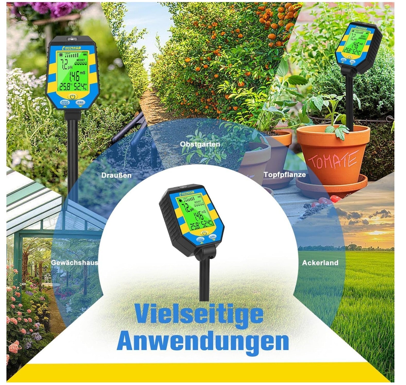 6-in-1 Bodenfeuchtigkeitsmessgerät pH EC Licht Temperatur Garten