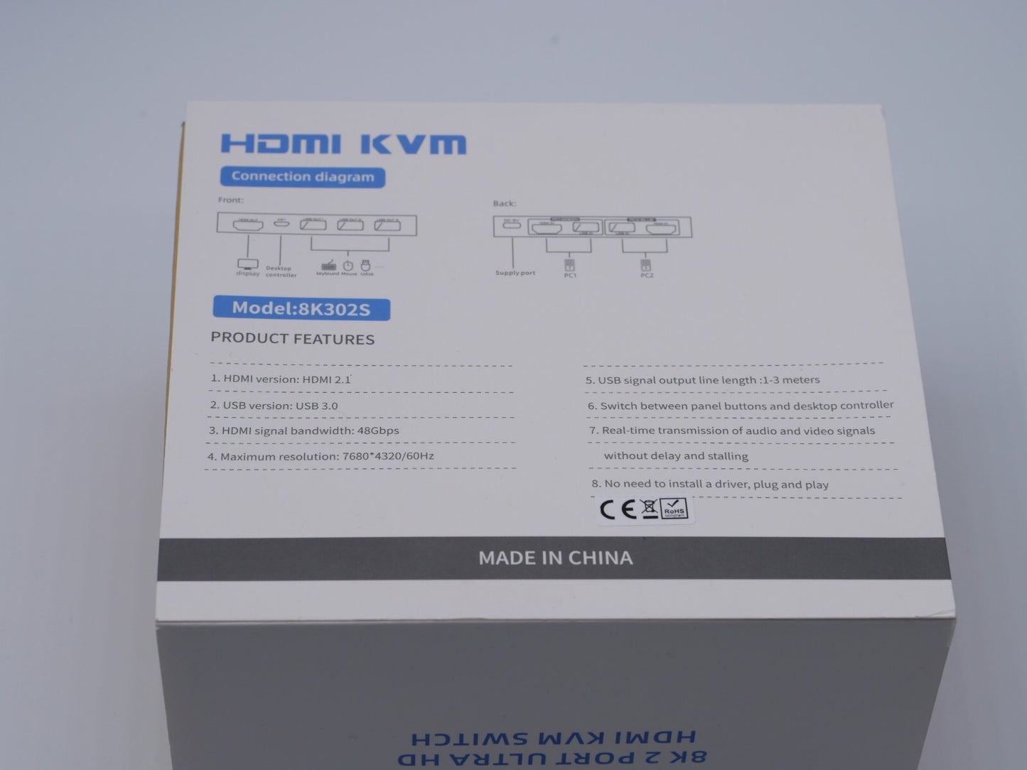 8K@60 Hz 4K@120 Hz KVM Switch 2 Port HDMI 2.1 USB 3.0 2 PCs an 1 Monitor + Kabel