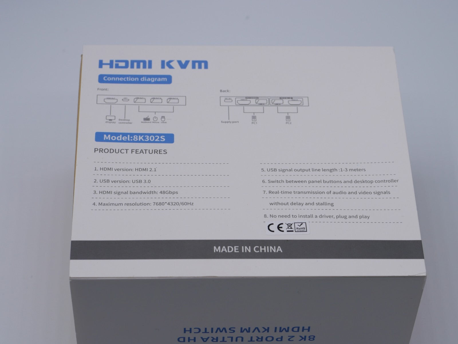 8K@60 Hz 4K@120 Hz KVM Switch 2 Port HDMI 2.1 USB 3.0 2 PCs an 1 Monitor + Kabel