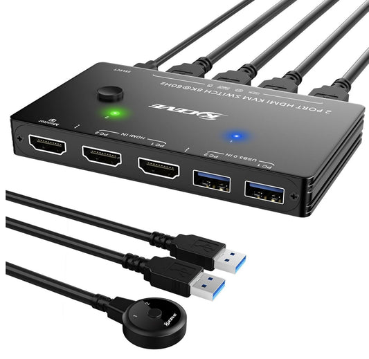 HDMI KVM Switch 8K@60Hz 4K@120Hz für 2 PCs, 1 Monitor, 3x USB 3.0