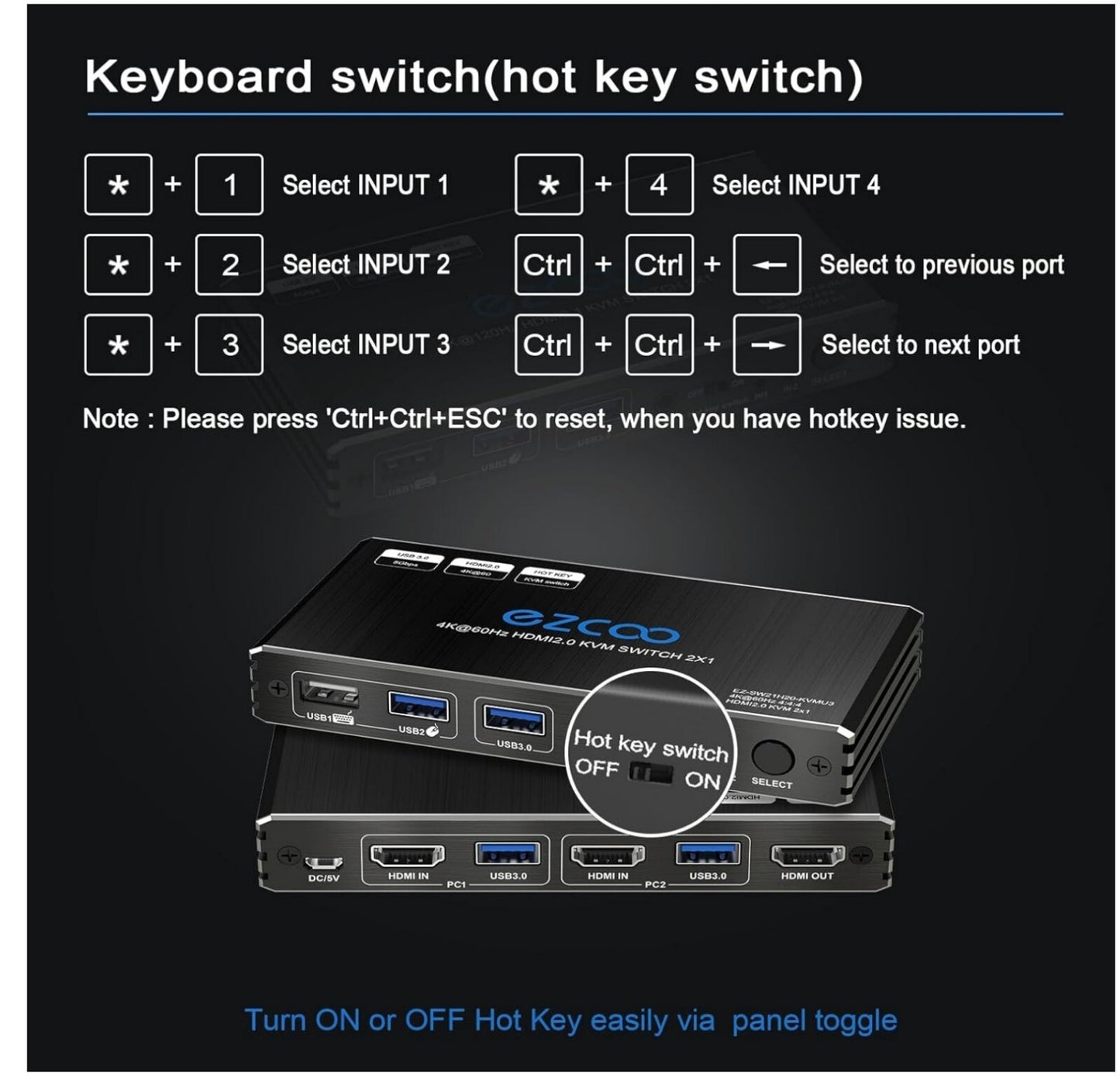 4K 60Hz HDMI KVM Switch 2 Ports USB3.0 Hotkey Fernbedienung  2 PCs - 1 Monitor