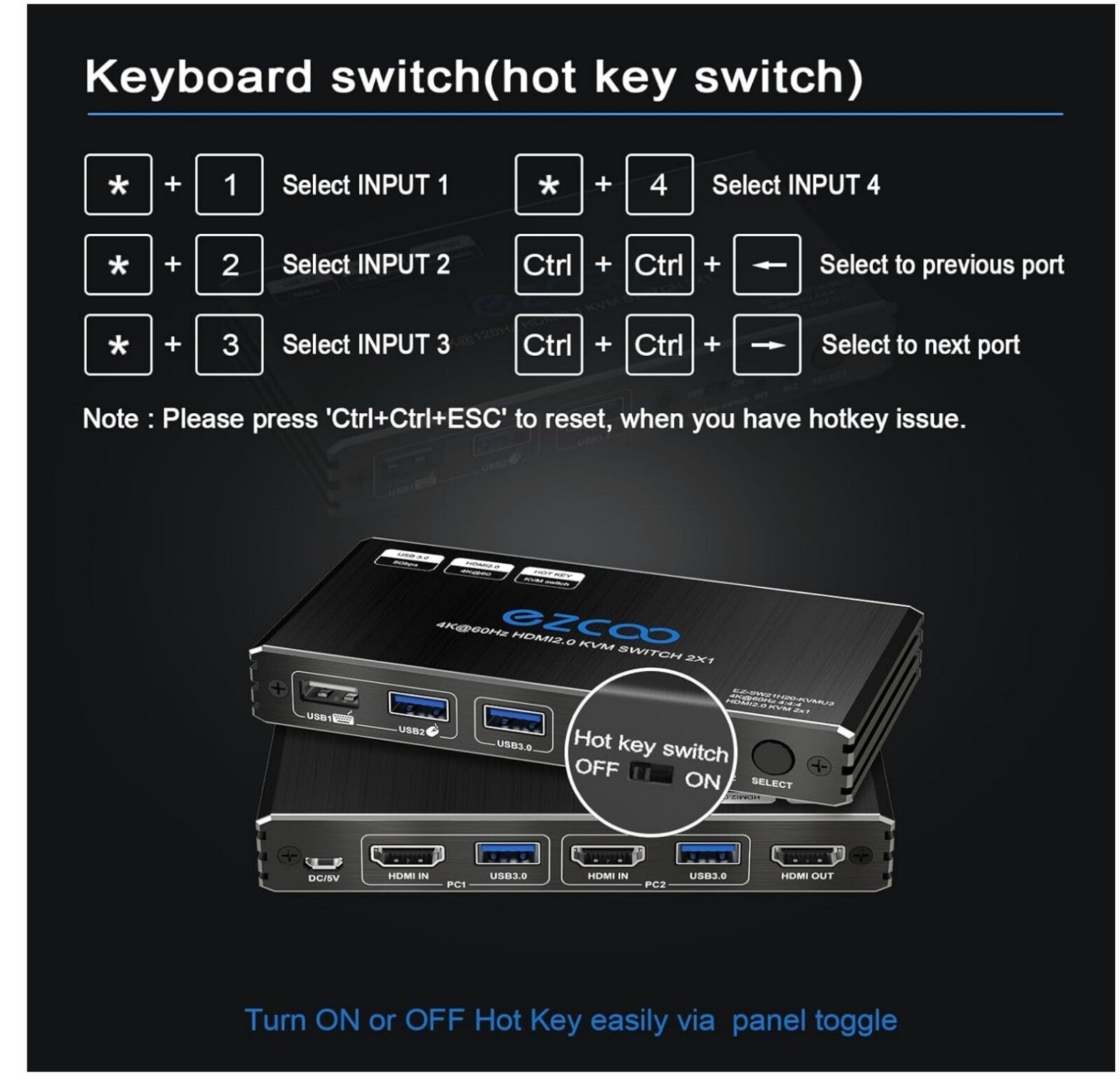 4K 60Hz HDMI KVM Switch 2 Ports USB3.0 Hotkey Fernbedienung  2 PCs - 1 Monitor