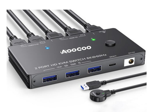 8K HDMI KVM Switch 2 PC 1 Monitor USB3.0 Fernbedienung Neu