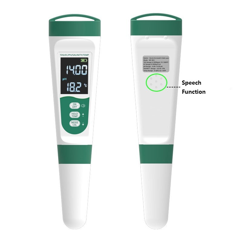 5-in-1 pH TDS EC Salzgehalt Temperatur Wassertester mit Stimme
