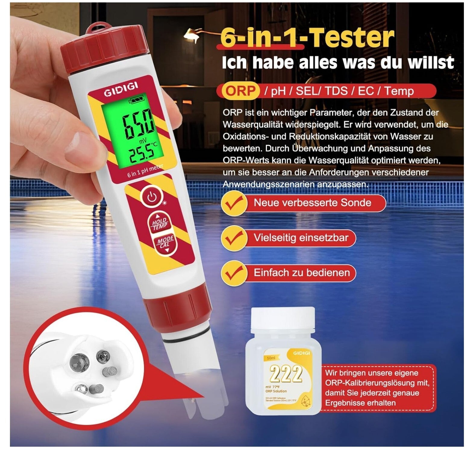 6-in-1 pH ORP Salzmessgerät Pool Aquarium TDS EC 222mV