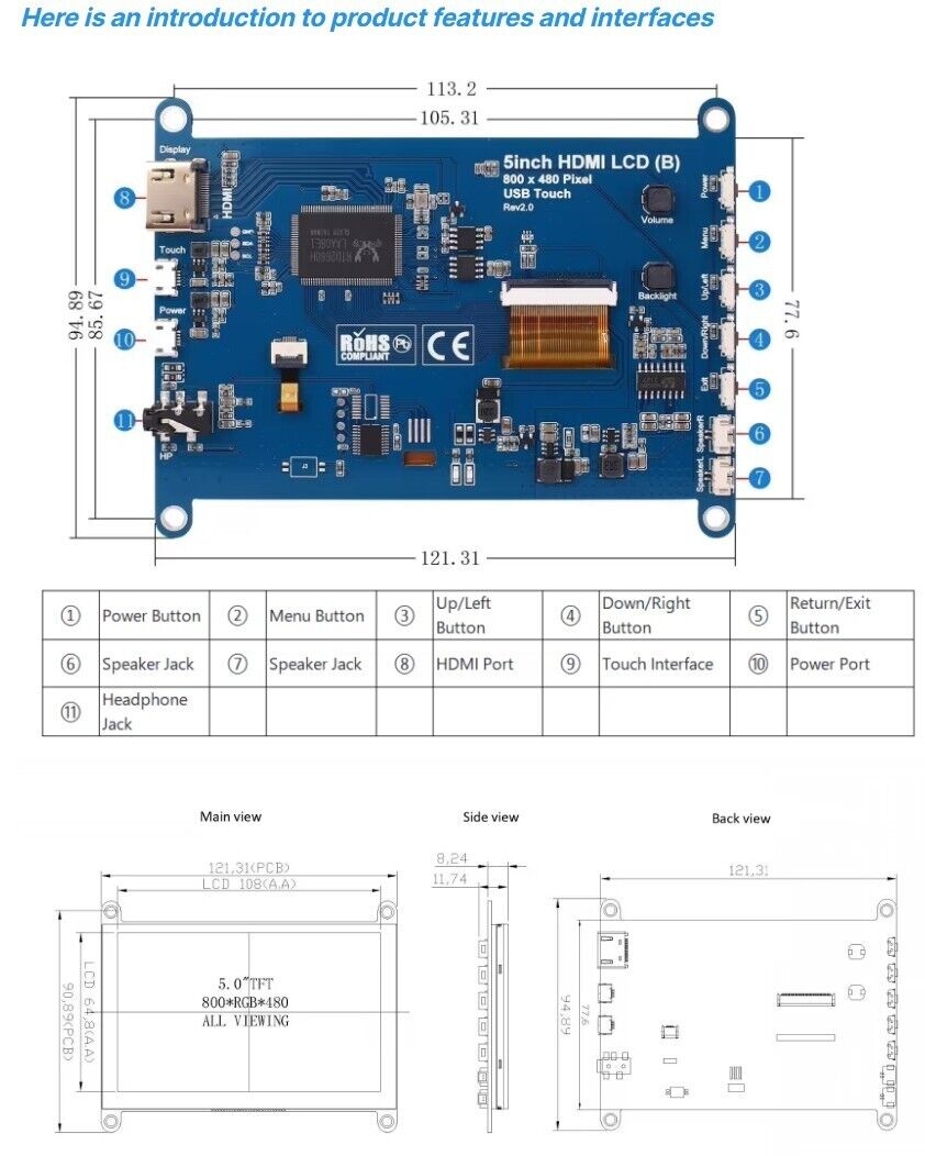 Raspberry Pi 5 Zoll HDMI-USB Touchscreen 800x480 kapazitiv IPS