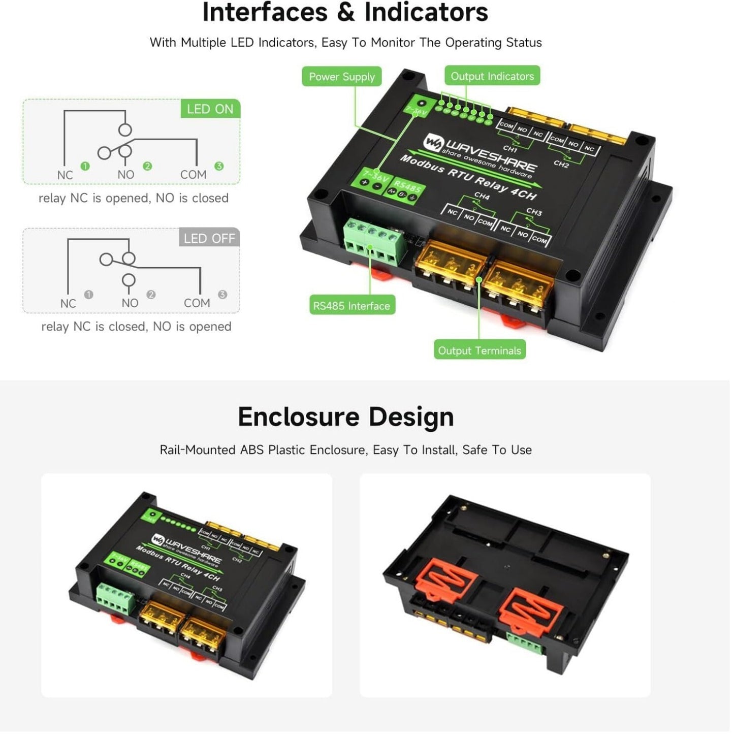Modbus RTU 4-Ch Relay 30A RS485 Rail-Mount LED Isolation