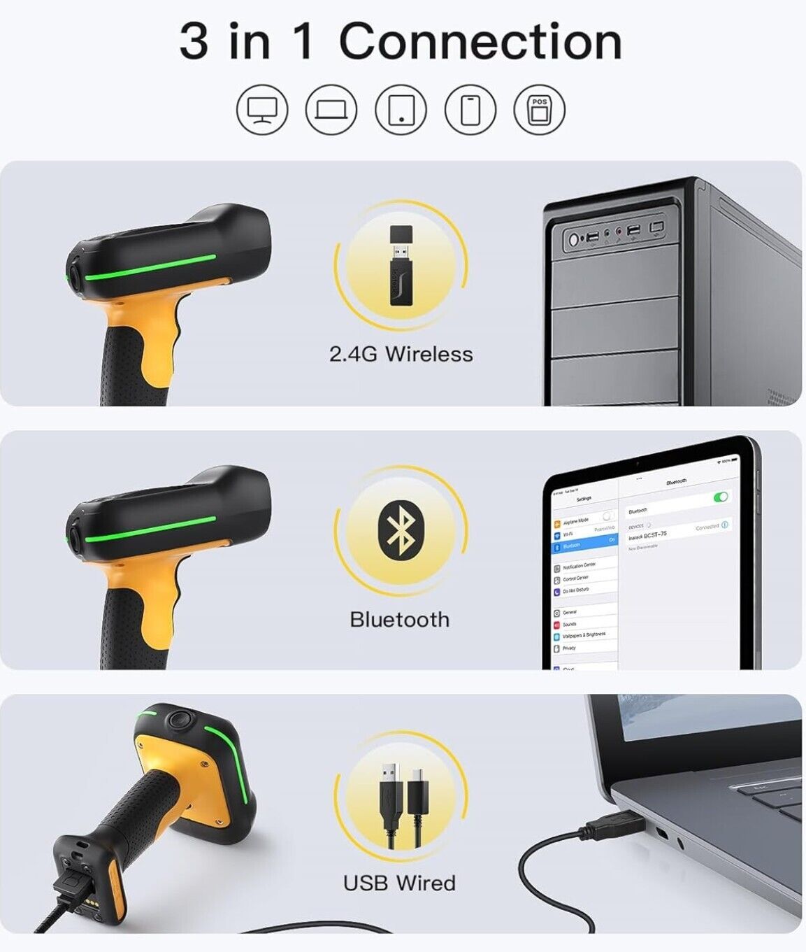 Industrieller Barcode Scanner Bluetooth, 1D Scanner Kabellos mit IP67 Wasser- un