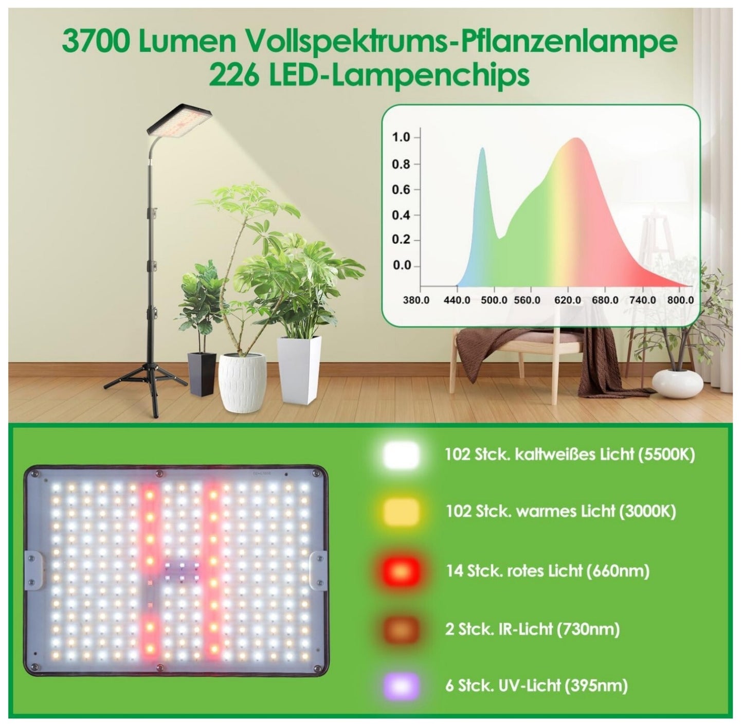 LED Grow Lampe 3700 Lumen Vollspektrum 226 Chips Fernbedienung Timer