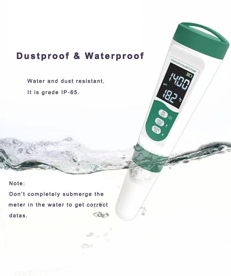 5-in-1 pH TDS EC Salzgehalt Temperatur Wassertester mit Stimme