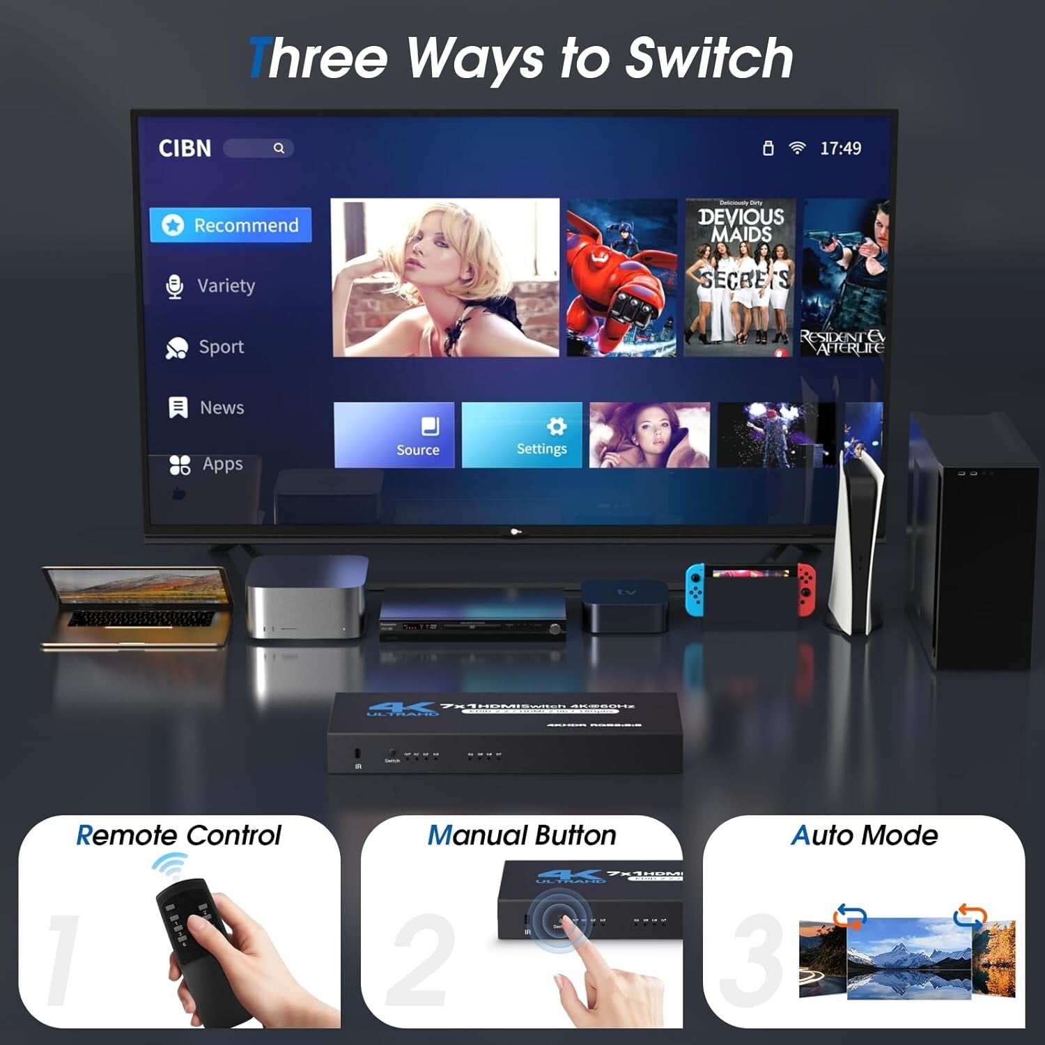 HDMI 2.0 Switch 7x1 4K@60Hz Dolby DTS HDR Fernbedienung  schwarz