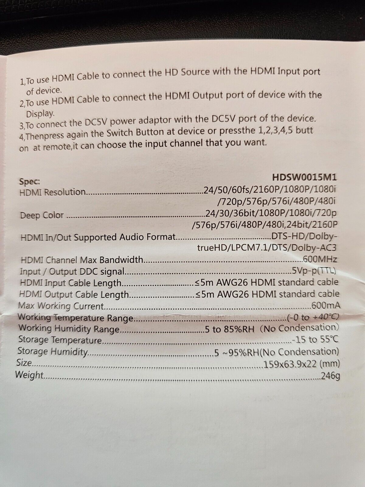 4K @ 60HZ HDMI Switch 5 in 1 Out