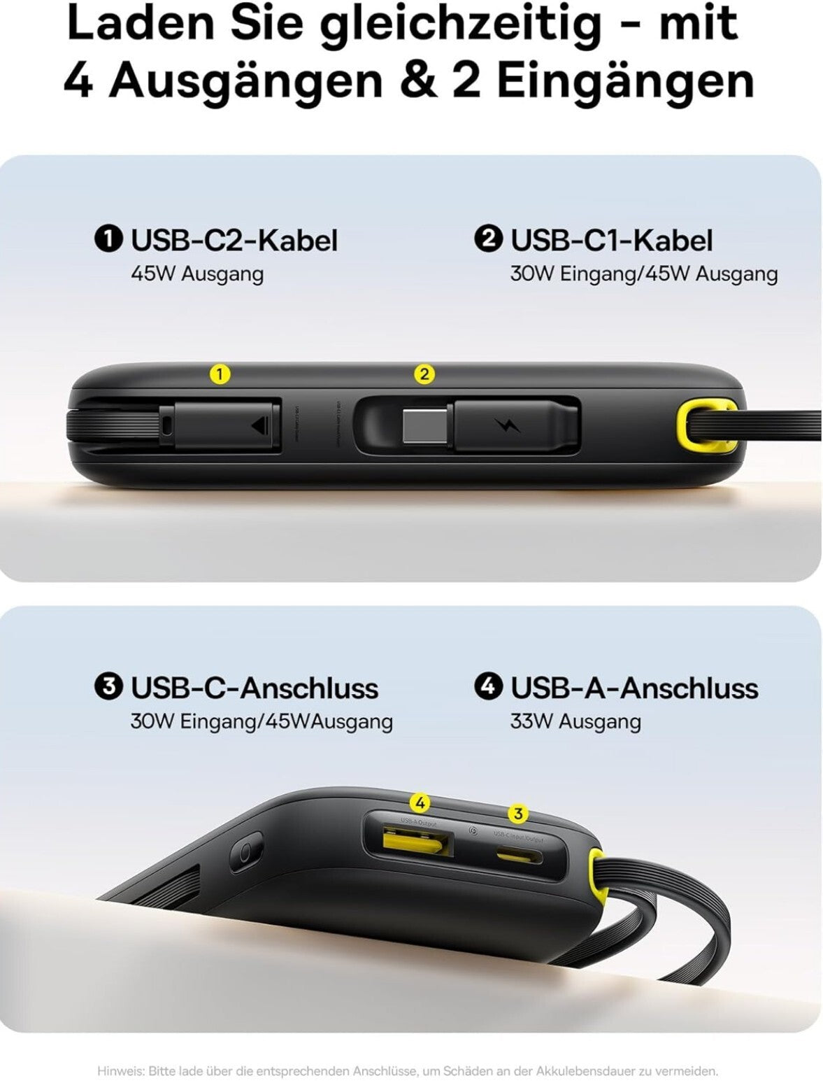 QPow3 Powerbank 45W 20000mAh 2x USB-C Kabel PD3.0 QC4.0 4 Ports