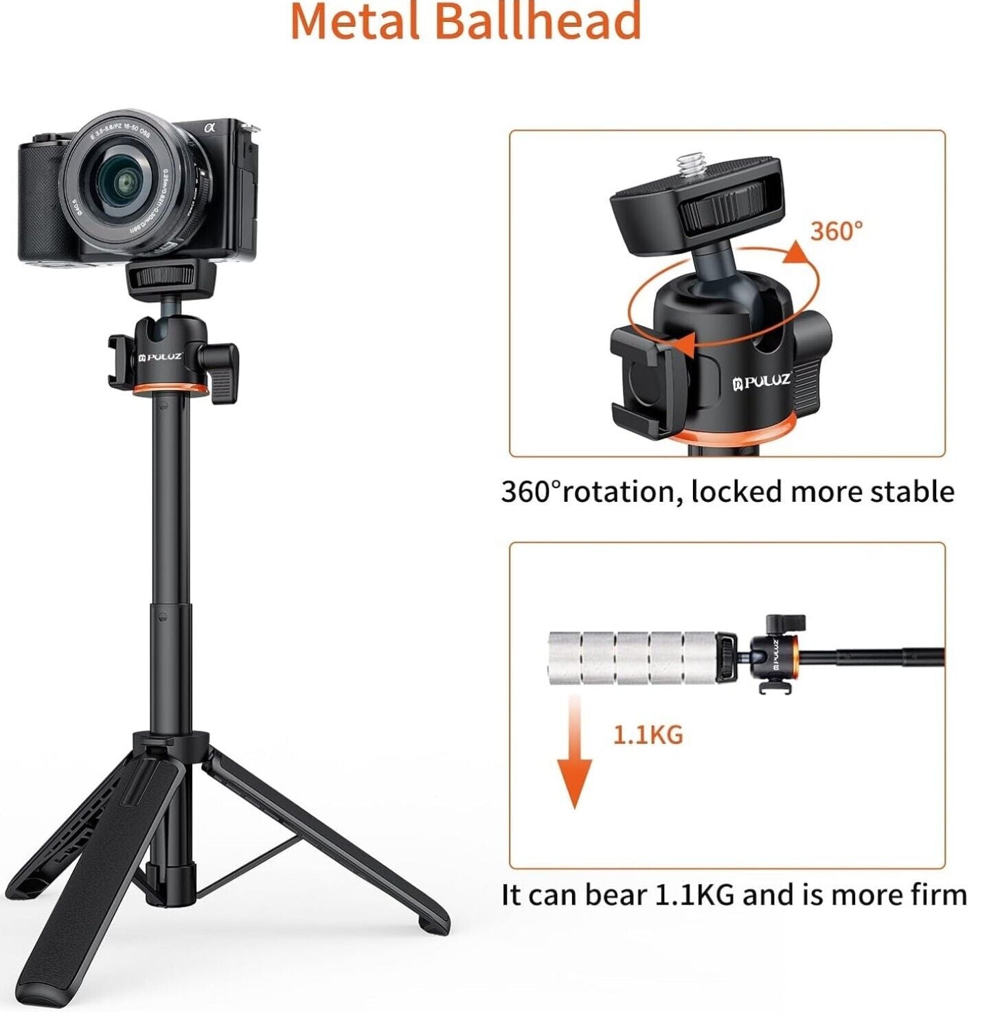 Mini Selfie-Stick Stativ 55cm, Kugelkopf, Kaltschuh bis 55 cm Länge