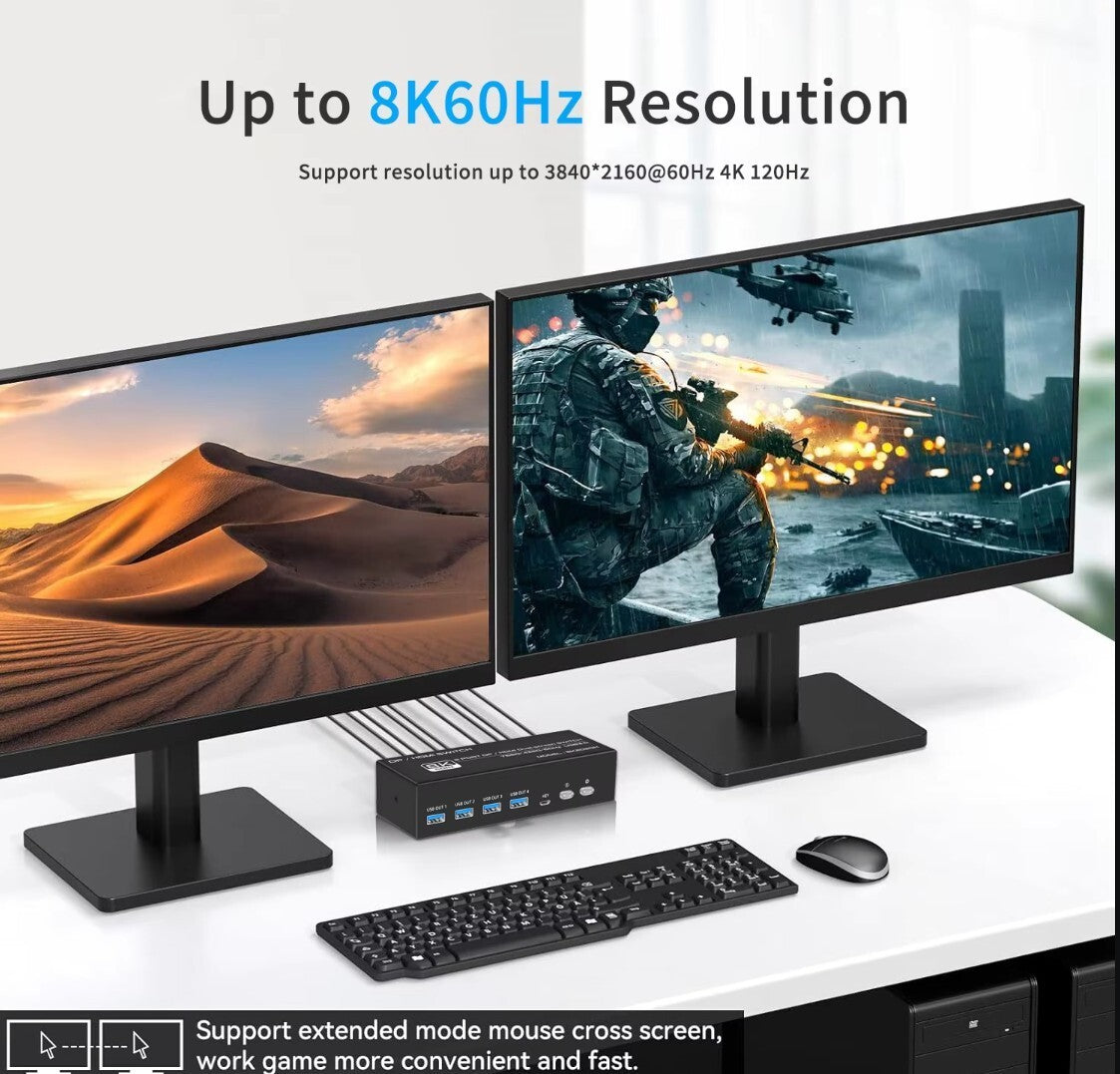 8K DP / HDMI KVM 2PC 2 Monitor 8K@60Hz 4K@120Hz 2K@144Hz + Kabel