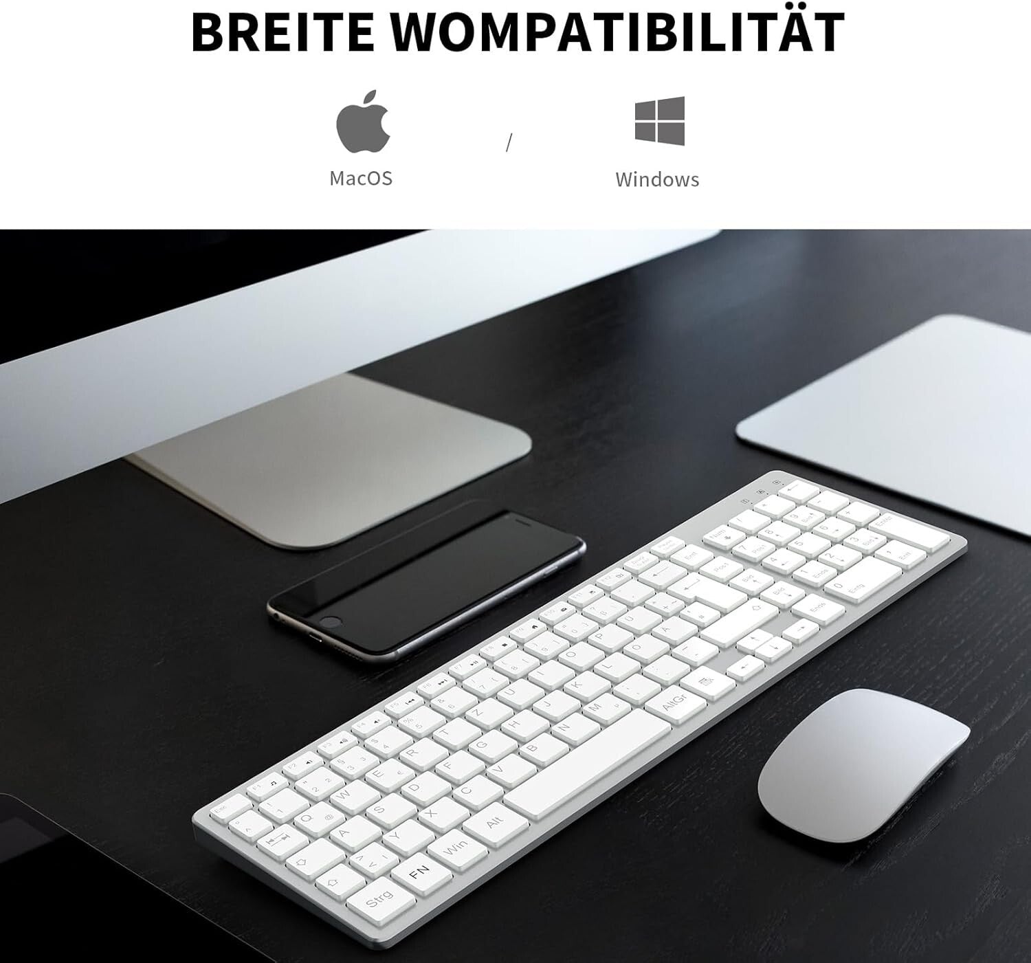 2,4GHz Kabellose QWERTZ Tastatur Kompakt Flüsterleise Silber