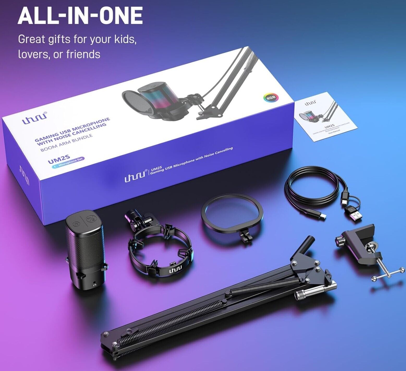 uhuru Gaming USB-Mikrofon für PC, Computermikrofon mit steuerbarem RGB für PS4/5