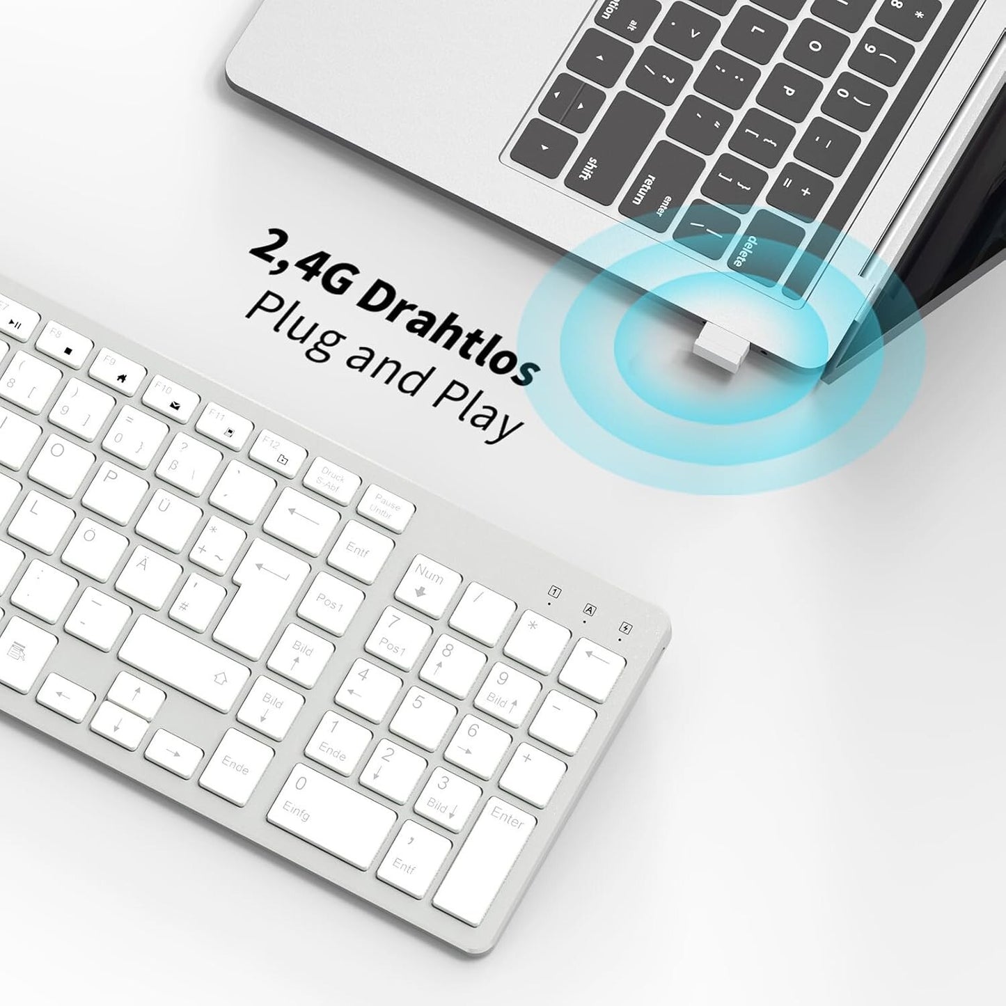 2,4GHz Kabellose QWERTZ Tastatur Kompakt Flüsterleise Silber