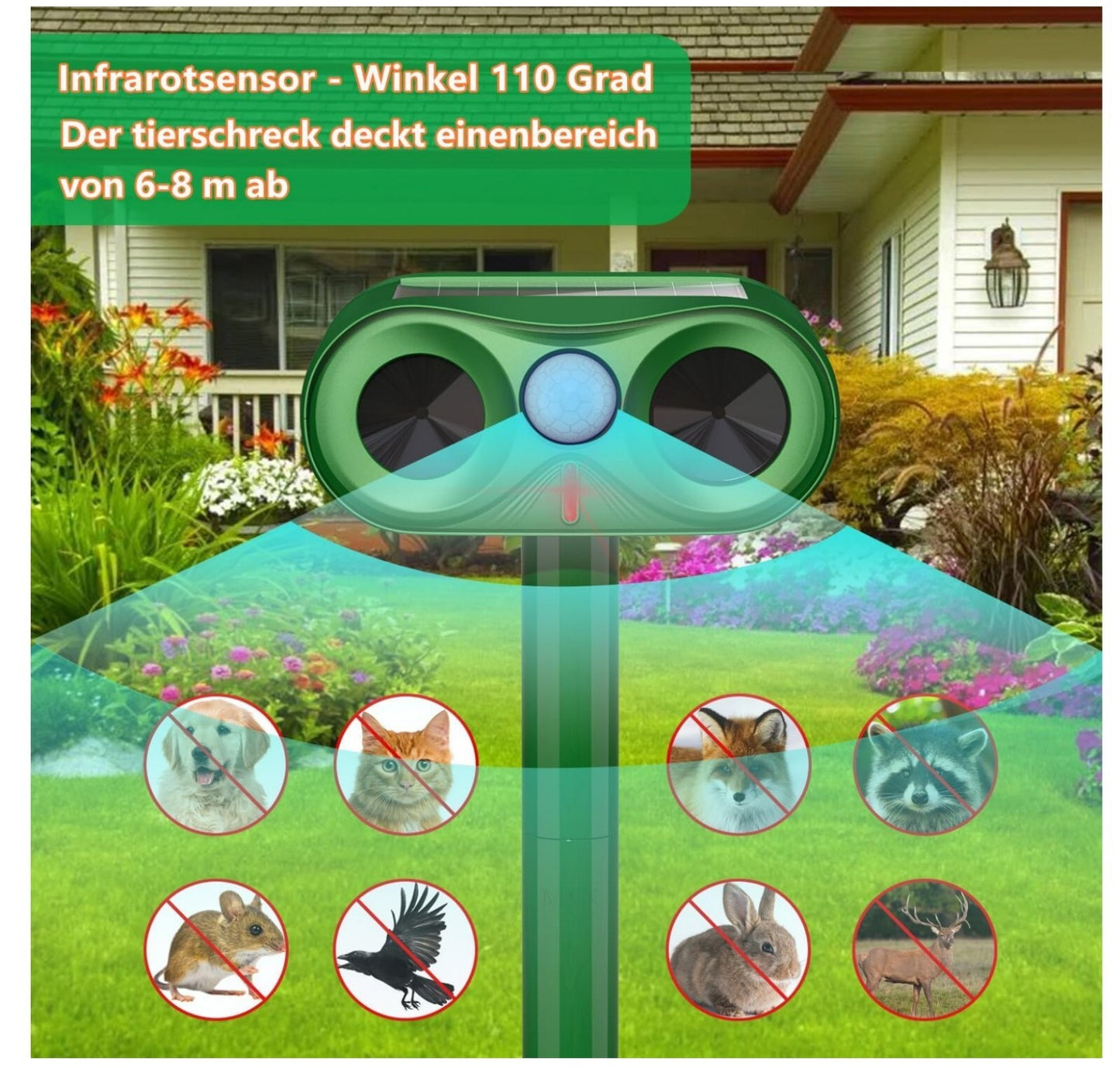 2x Katzenschreck Ultraschall Solar PIR-Sensor 230m² Tierschreck Abwehr