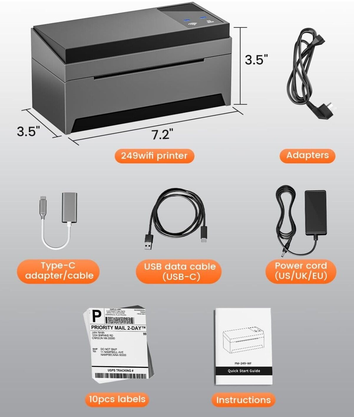 DHL Etikettendrucker, 249 WiFi Thermodrucker 4x6 Label Printer für Barcode, Vers