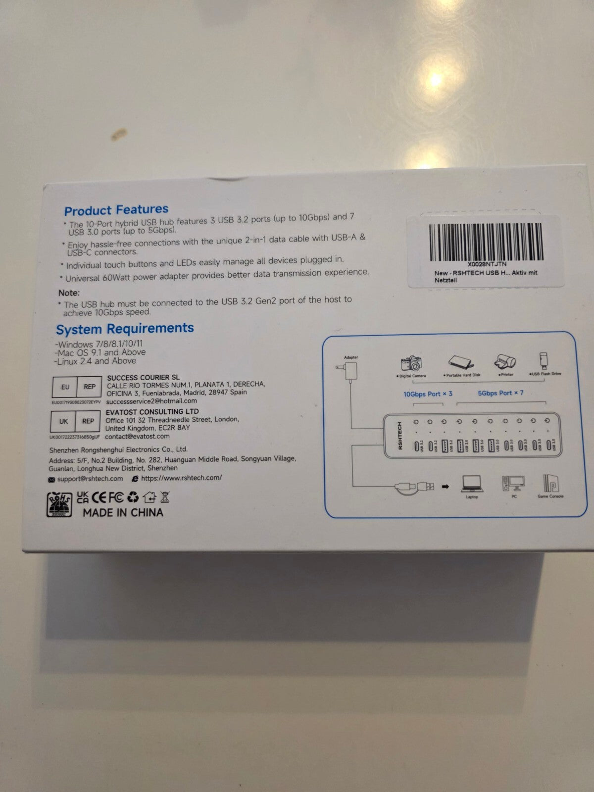 10-Port USB-C Hub 3.2/3.0 mit 60W Netzteil 1m Kabel
