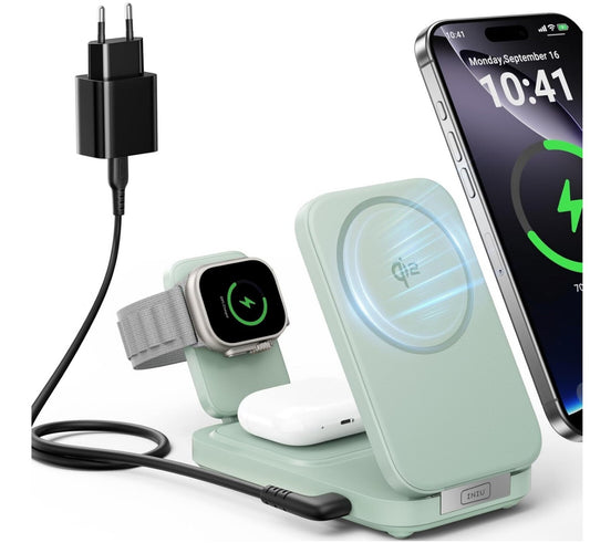 3-in-1 Induktive Ladestation 15W Qi2 MagSafe Mintgrün iPhone Apple Watch AirPod