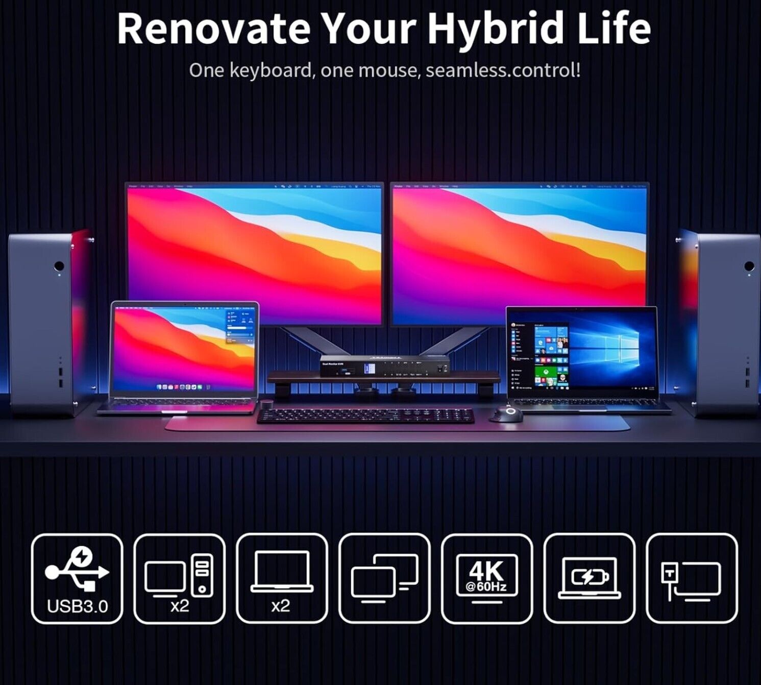 HDMI+USB-C MST KVM 4 PC 2 Monitore 1080P@240Hz/165Hz/144Hz/120Hz & 2560×1440@120