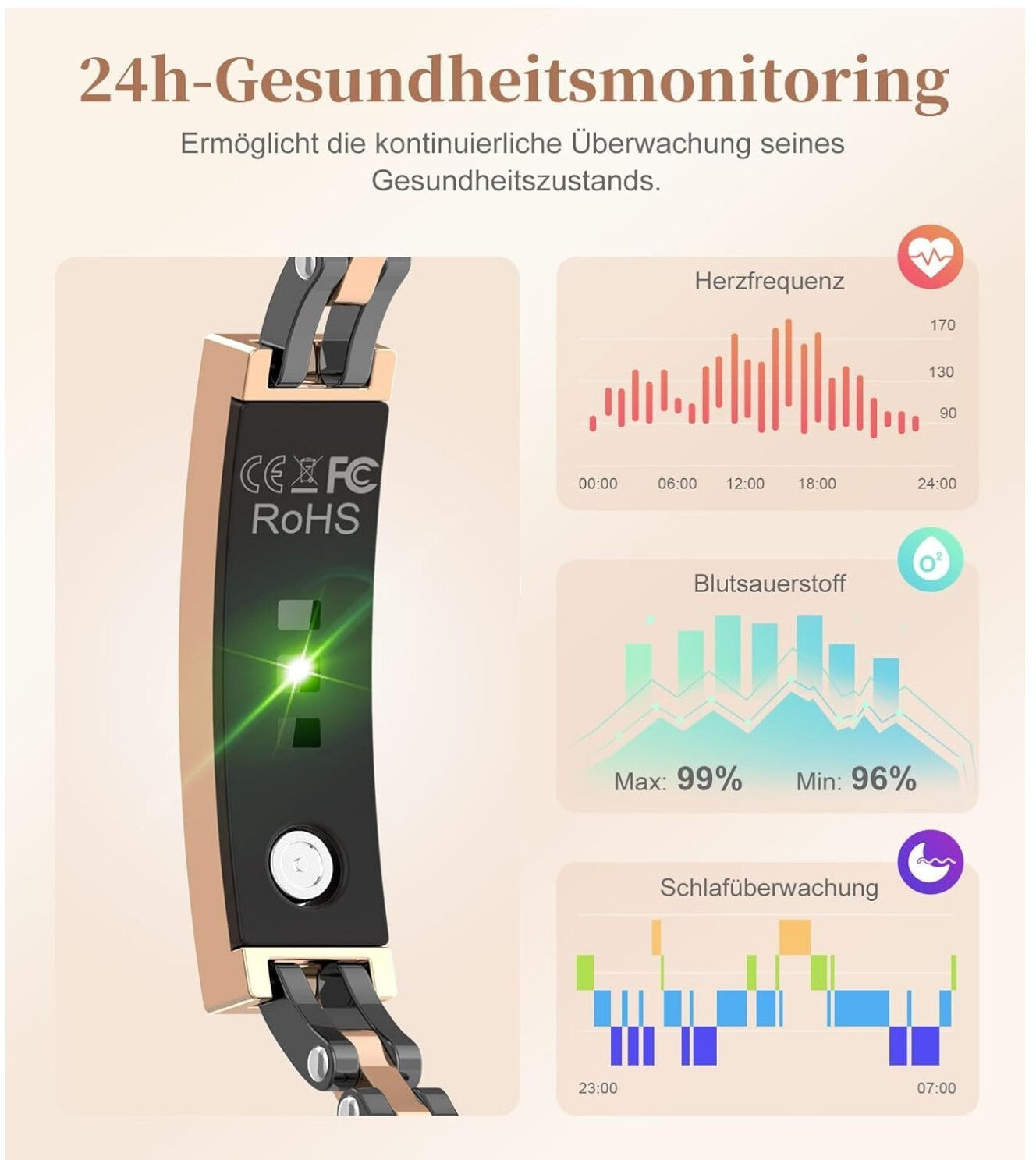 Smart Armband Damen Edelstahl 3ATM Wasserdicht Schwarz-Gold Fitness
