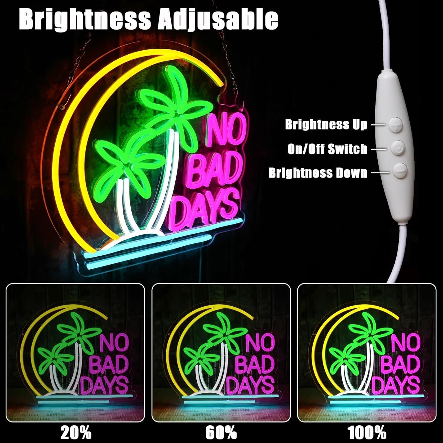 No Bad Days Neon Schild Tropic Palme LED Leuchtreklame 36x32cm USB