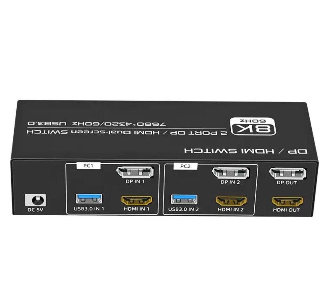 8K DP / HDMI KVM 2PC 2 Monitor 8K@60Hz 4K@120Hz 2K@144Hz + Kabel