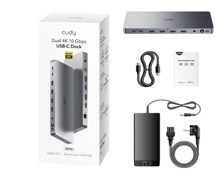 Cudy DisplayLink Dual 4K Universal USB C Dockingstation, 10 Gbit/s USB C, 100 Wa
