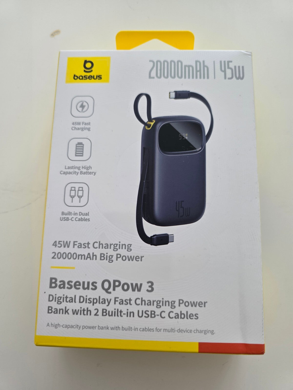 QPow3 Powerbank 45W 20000mAh 2x USB-C Kabel PD3.0 QC4.0 4 Ports